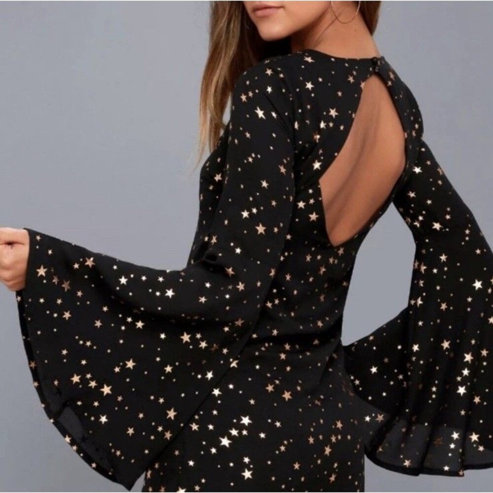 Lulu's Black Rose Gold Extra Celestial Star Print Shift Dress Witchy Whimsygoth